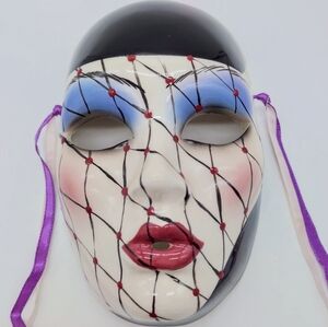 Decorative Ceramic Harlequin Mask with Purple Ribbon